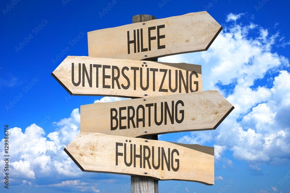 Wooden signpost with four arrows - Hilfe, Unterstutzung, Beratung, Fuhrung - German/ help, support, advice, guidance - English - great for topics like customer support etc. - obrazy, fototapety, plakaty 