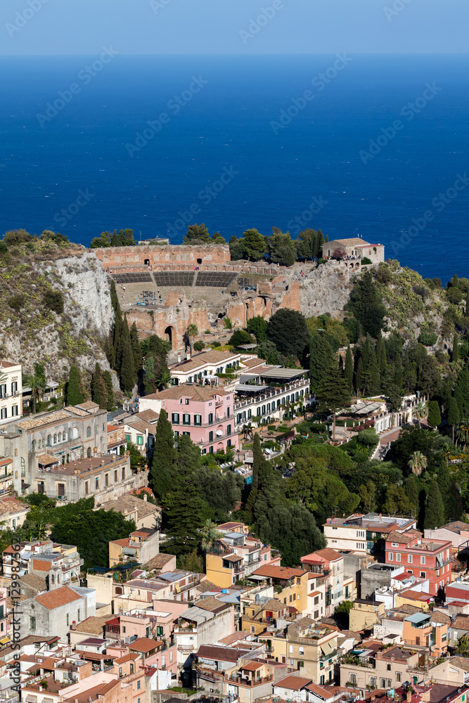 View of Taormina, Sicily, Italy from the Mount Tauro.