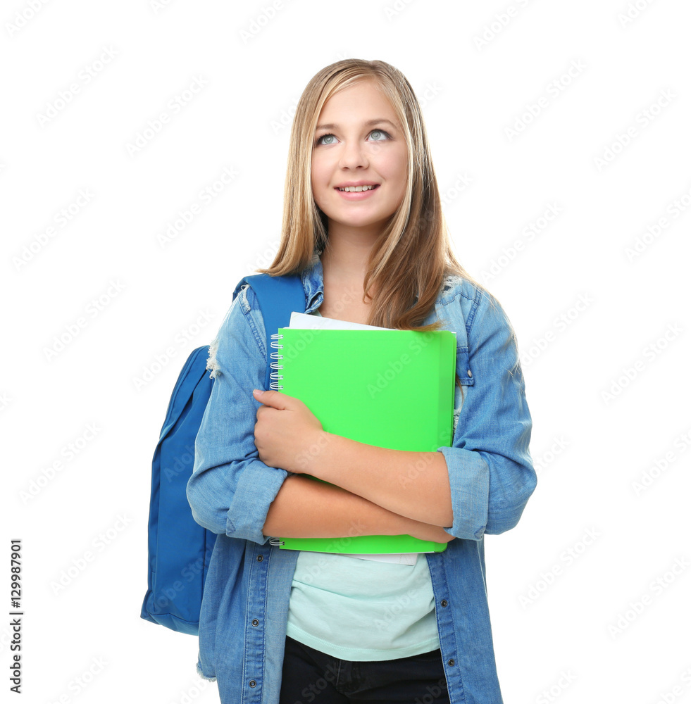 Pretty teenager schoolgirl in casual clothes isolated on white Pretty teenager schoolgirl in casual clothes isolated on white