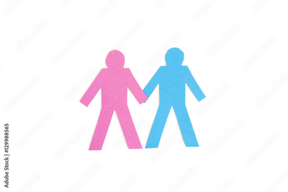 Paper cut out figures holding hands over white background