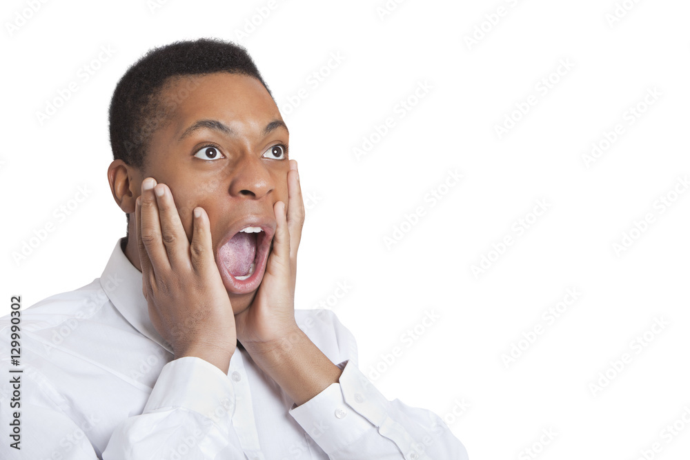 Portrait of surprised mixed race man against Indian flag Portrait of surprised mixed race man against Indian flag