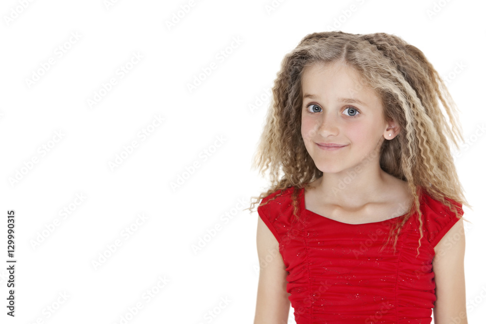 Portrait of school girl in red outfit over white background Portrait of school girl in red outfit over white background