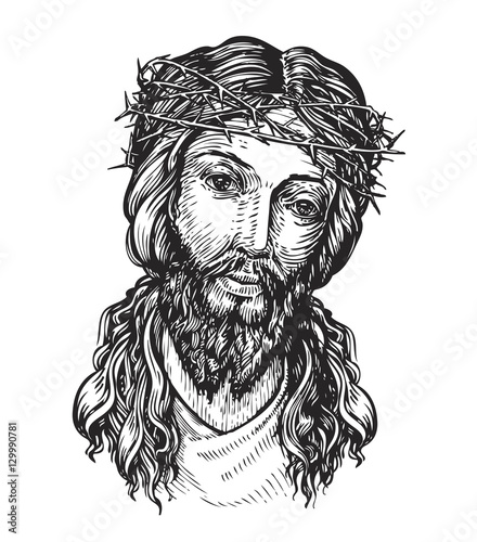 Jesus Christ with thorny wreath on his head. Sketch vector illustration