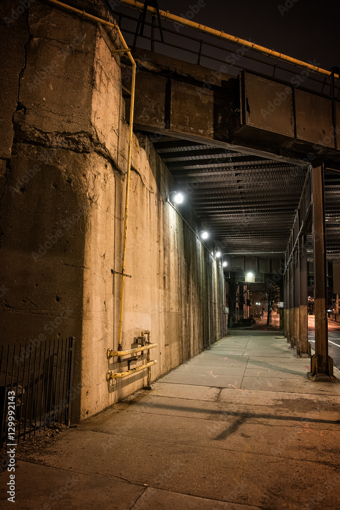 Dark City Train Underpass Sidewalk at Night