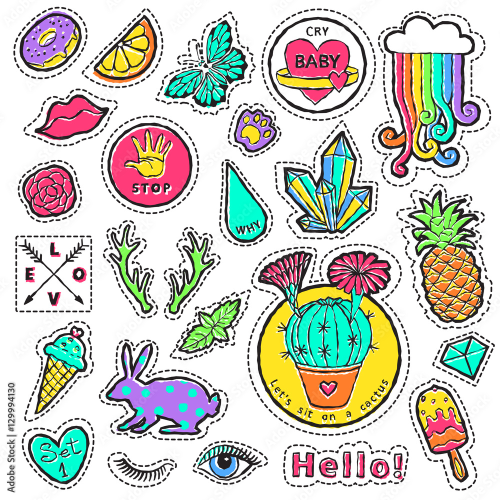 Fashion patch badge elements in cartoon 80s-90s comic style. Set modern trend doodle pop art sketch.