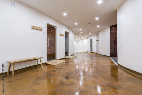 Εκτύπωση καμβά Modern sauna or spa interior with passages to steam rooms, wooden benches for relaxation, great amenities
