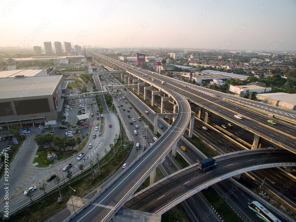 Aerial view above the busy Motorway & Ring Roads Inter-Change Systems