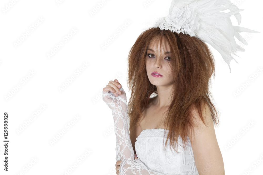 Portrait of beautiful young brunette in wedding gown over white background Portrait of beautiful young brunette in wedding gown over white background