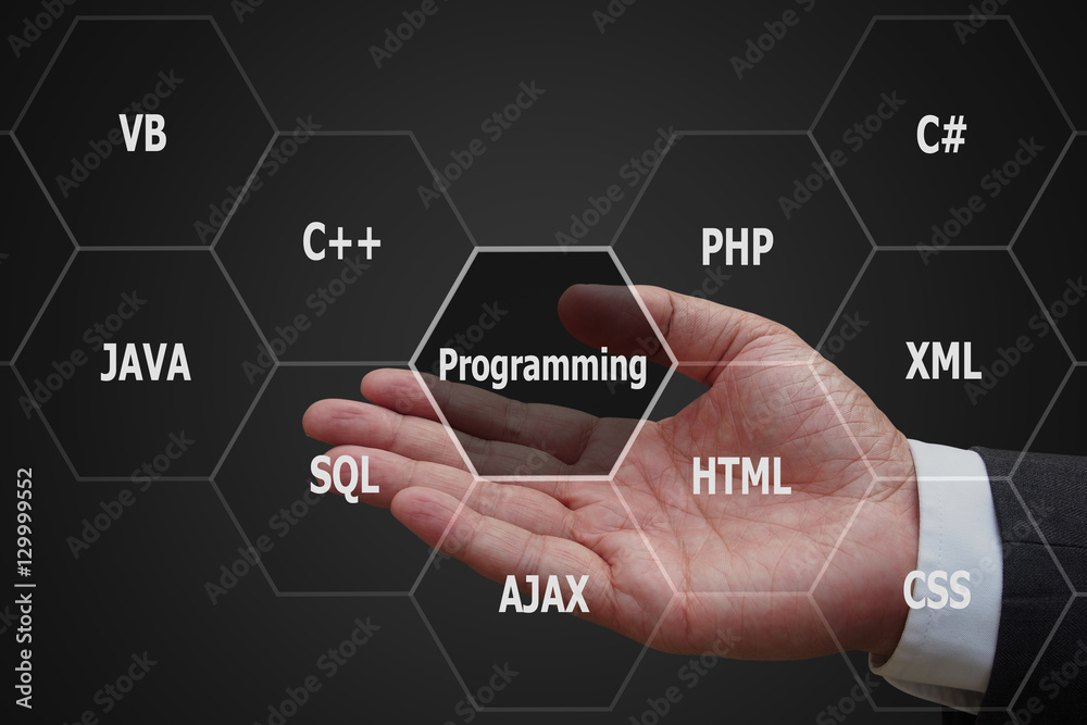 Programmer hand with virtual panel of programming languages, Com Stock ...