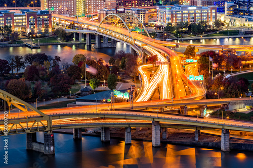 Pittsburgh traffic trails on the highway junction between Fort Duquesne and Fort Pitt bridges photo