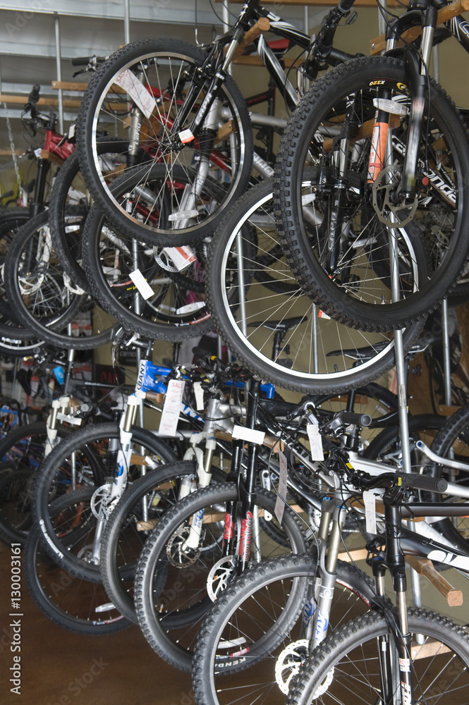 Large group of cycles on display for sale in shop Large group of cycles on display for sale in shop