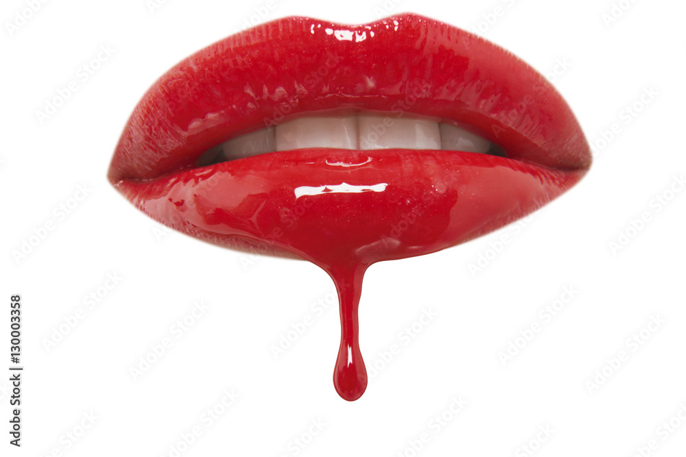 Close-up of red lipgloss dripping from woman's lips over white background - obrazy, fototapety, plakaty 