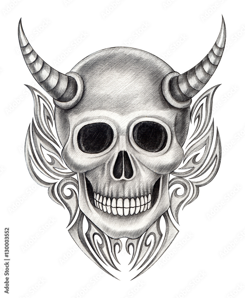 Art devil skull tattoo. Art design skull head mix graphic tribal tattoo  hand pencil drawing on paper. Stock Illustration | Adobe Stock