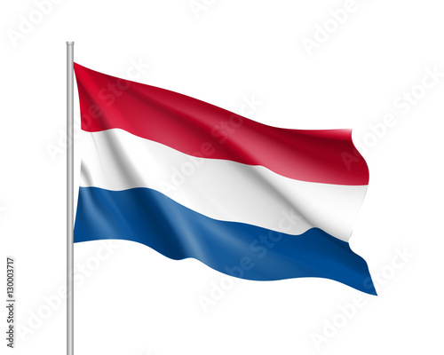Waving flag of Netherlands state. Illustration of European country flag on flagpole with red and white colors. Vector 3d icon isolated on white background
