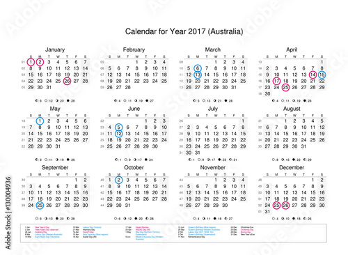 Calendar of year 2017 with public holidays and bank holidays for Australia