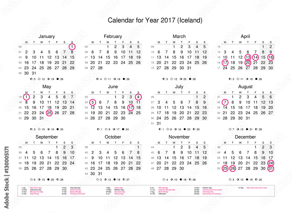 Calendar of year 2017 with public holidays and bank holidays for Iceland