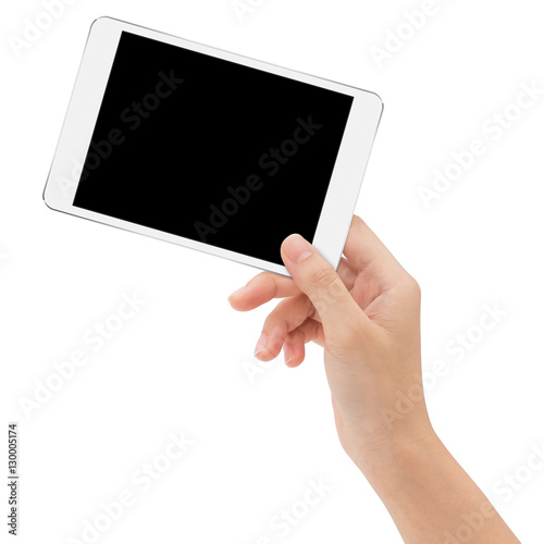 Close-up hand holding mock-ups digital tablet on white backgroun