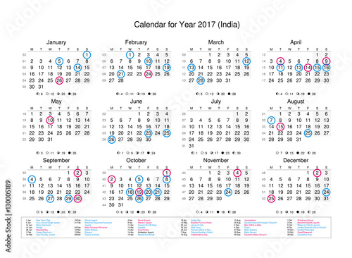 Calendar of year 2017 with public holidays and bank holidays for India
