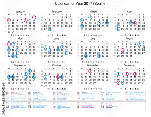 Calendar of year 2017 with public holidays and bank holidays for Spain