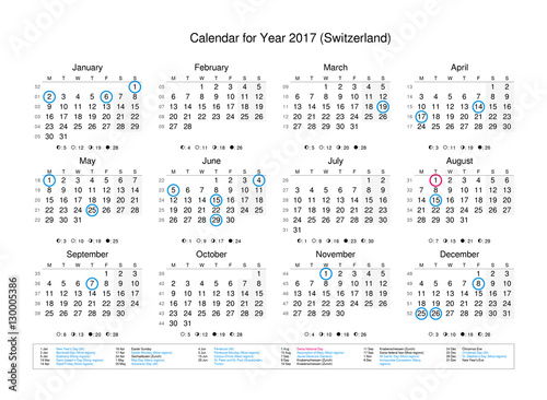 Calendar of year 2017 with public holidays and bank holidays for Switzerland