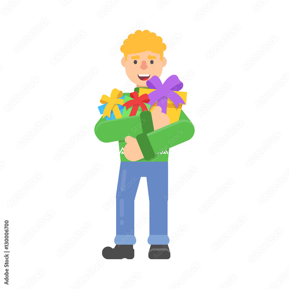 Christmas character young man in red pullower with deer holds lot gifts in flat cartoon style. Christmas character young man in red pullower with deer holds lot gifts in flat cartoon style.