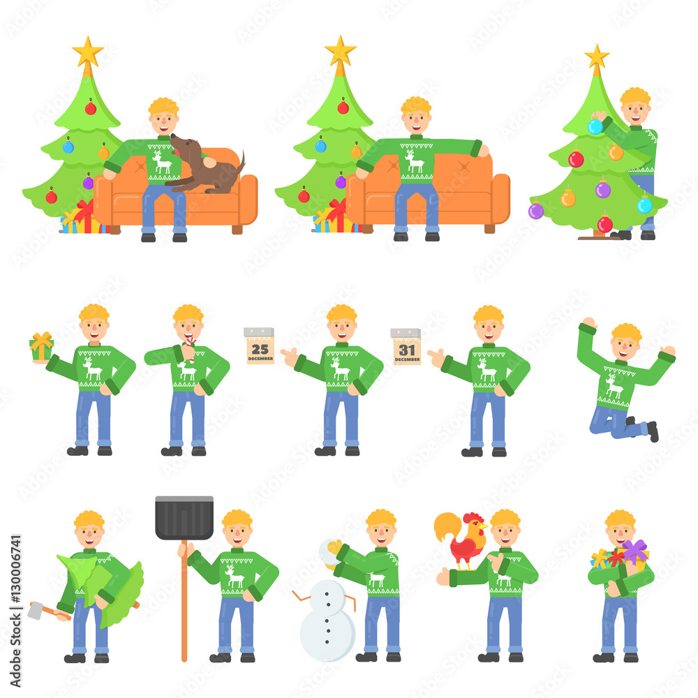 Fototapeta premium Set christmas character young man in red pullower with deer in different poses in flat cartoon style.