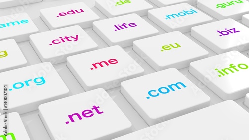 White computer keyboard with differently colored domain endings