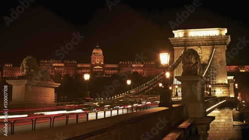 Night cityscape of the Chain bridge across the river Danube with the Buda castle in the background in the Hungarian capital  Budapest