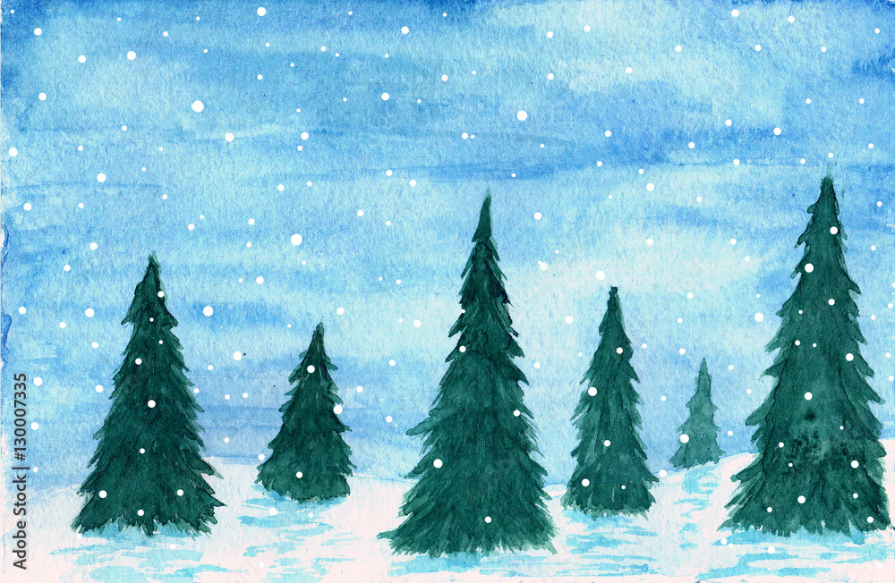 Obraz premium Fir trees on the hills in watercolor