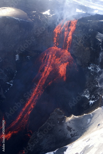 Lava flowing down mountain from Eyjafjallajokull volcano, Iceland