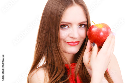 Woman charming girl colorful makeup holds apple fruit