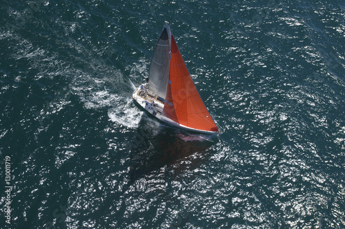 Elevated view of a yacht competing in team sailing event