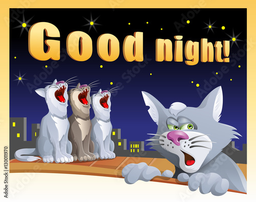 Good Night card with cats on the roof. Cartoon styled vector illustration. Elements is grouped and divided into layers.