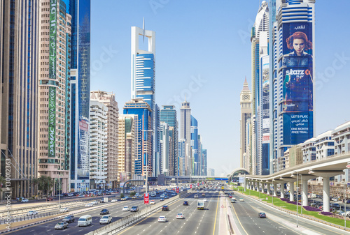 Sheikh Zayed Road traffic and Dubai skyline, Dubai City photo