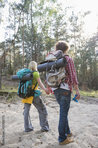 Rear view of hiking couple with backpacks walking in forest © moodboard