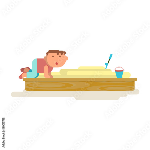 Playground infographic elements vector flat illustration, children play on the outdoors, little boy in sand-box. Funny cartoon character. Vector illustration isolated on white background