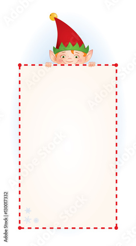 Vector cartoon illustration of a Christmas Elf  in a red cap hiding behind a blank long vertical sign. Place for text on a white background. Isolated on white.