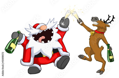 Santa Claus and reindeer raising glasses toast, Christmas party celebration humorous cartoon, vector, isolated 
