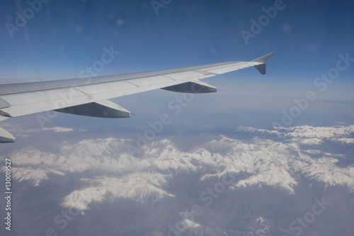 Aerial view of snow covered alps through airplane, France