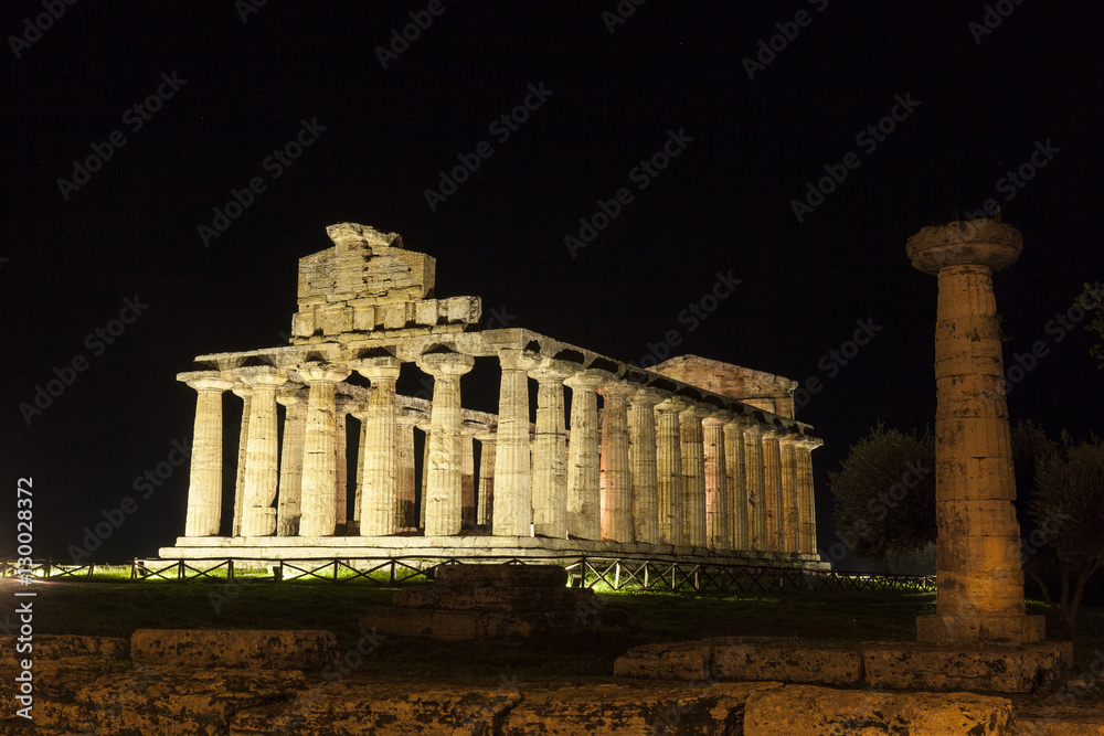 Archaeological site of Paestum in Italy. Greek Temple of Athena or Cerere. Night view