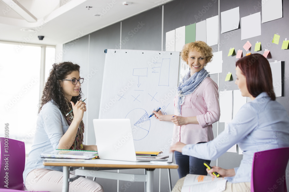 Fototapeta premium Businesswoman explaining pie chart to colleagues in creative office