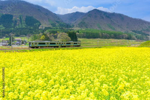 青空の下、田舎を走る日本の鉄道 