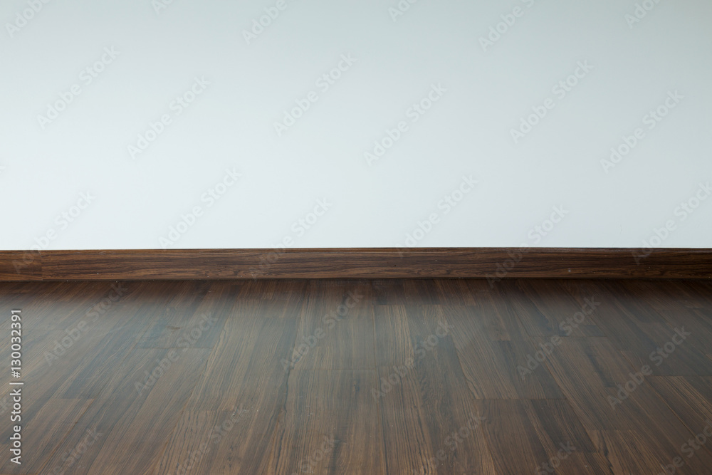 empty room interior, white mortar wall background and wood