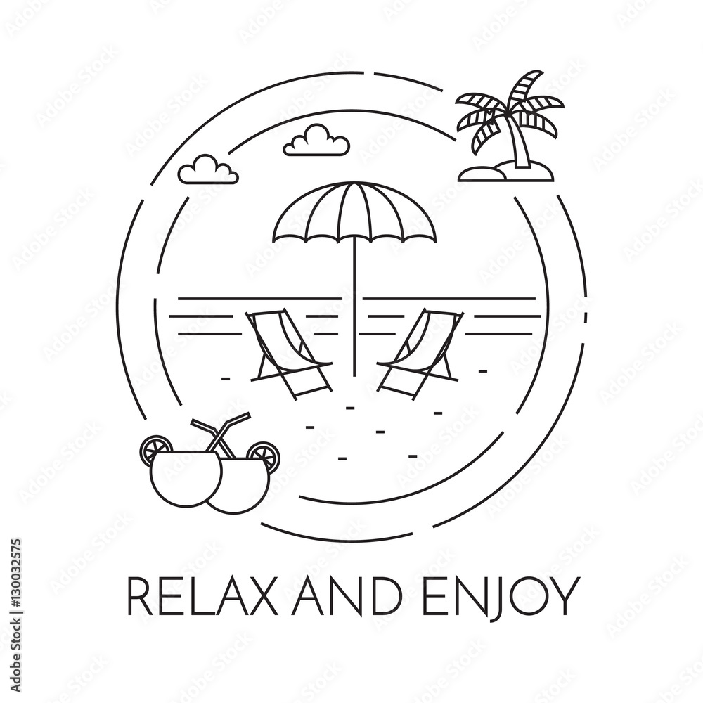 Traveling horizontal banner with beach, palm and cocktails Line art