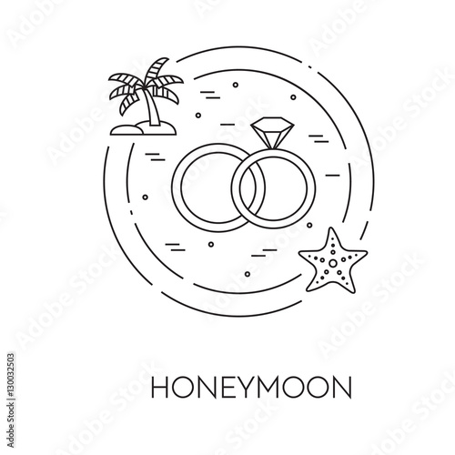 Honeymoon banner with wedding rings Line art