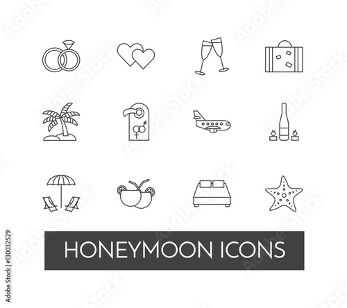 Set of thin line icons with honeymoon symbols Wedding trip
