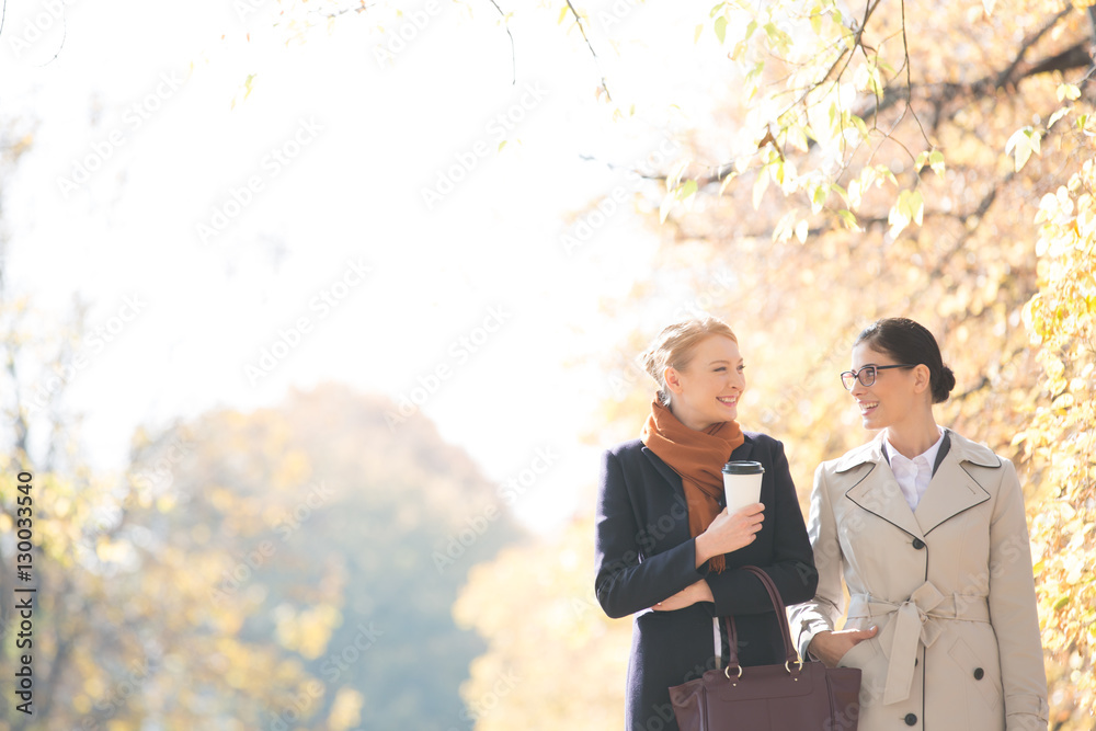 Happy businesswomen conversing while walking at park on sunny day Happy businesswomen conversing while walking at park on sunny day