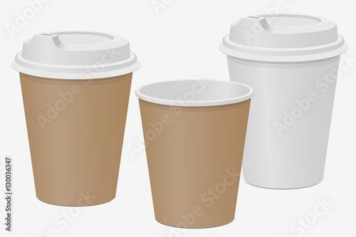 Beige and white paper cups for hot drinks. Coffee Tea. Vector