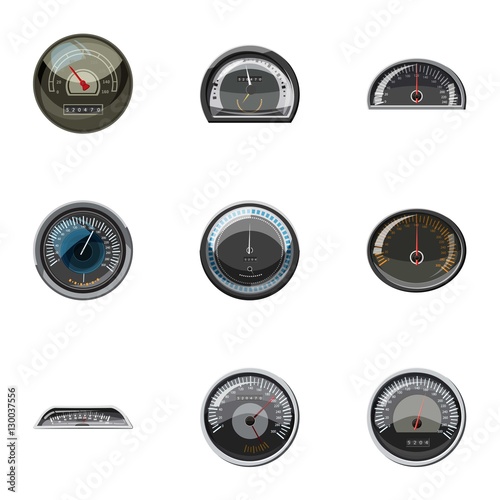Speedometer icons set. Cartoon illustration of 9 speedometer vector icons for web