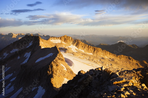 View at sunrise, view from Pico de Aneto, at 3404m the highest peak in the Pyrenees, Spain photo